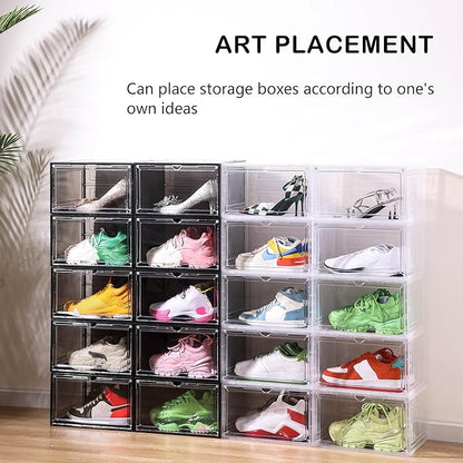 Clear Shoe Box Plastic Stackable Upgraded 6 Pack Shoe Storage Box Organizer with Clear Large Magnetic Door for Display Sneakers Easy Assembly White