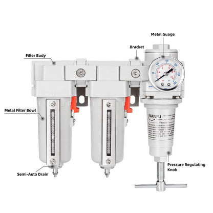 NANPU 3/8" NPT T-Handle High Pressure Air Drying System - Double 5 Micron Particulate Filter & Air Pressure Regulator Piston Combo, Semi-Auto Drain＆Gauge