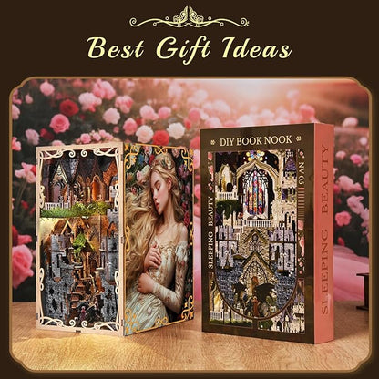 Book Nook Kit - DIY Miniature House 3D Wooden Puzzle for Adult and Teens Booknook Bookshelf Decor Scale Model Build with LED Light Gifts for Family and Friends (Sleeping Beauty)