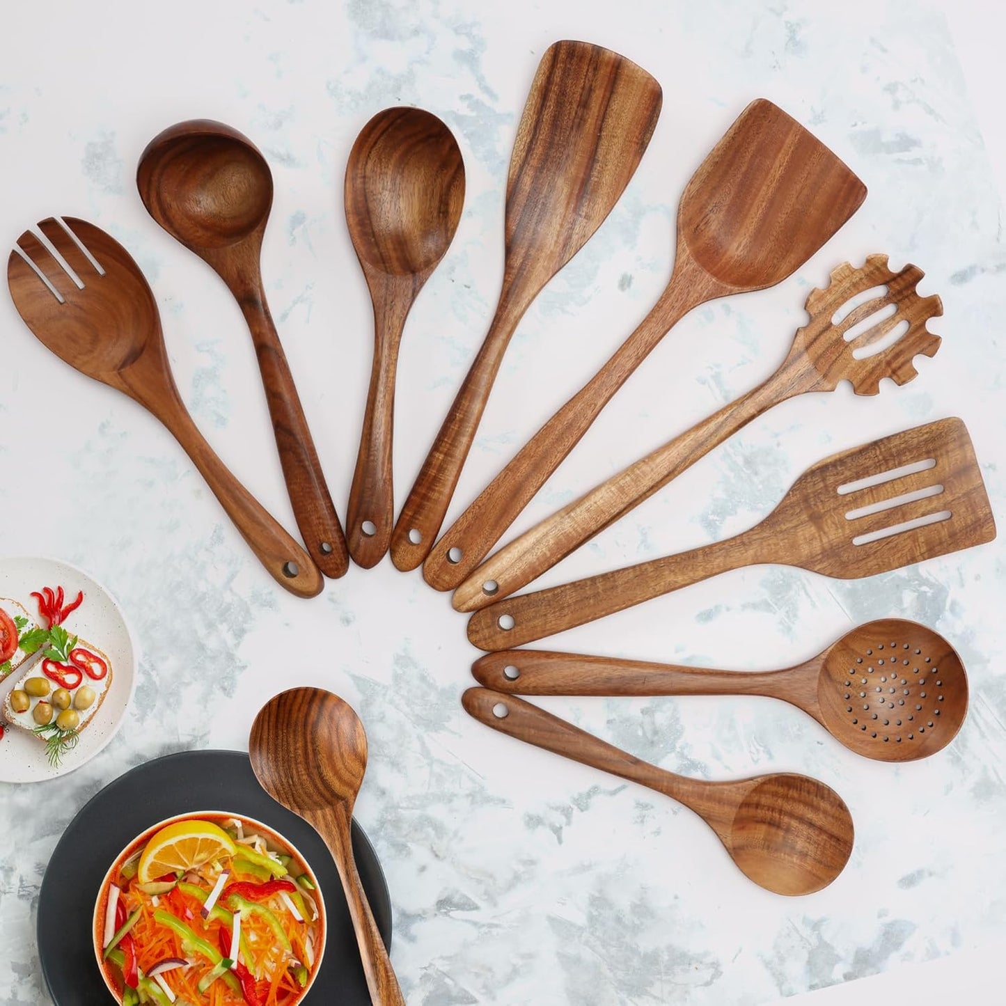Zulay Kitchen 9-Piece Teak Wooden Utensil Set - Natural Non-Stick Cooking Tools in Premium Gift Box