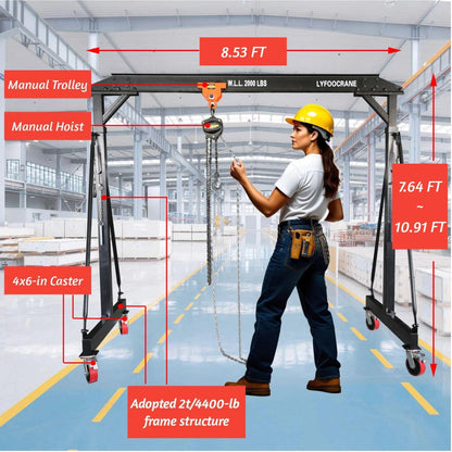 Electrical Gantry Crane 2000 LBS - 8.53 FT Wide，Adjustatable Crane with Electrical Hoist, Garage Crane 1T with Manual Hoist, Trolley, Scale, Sling, Shackle, Hook, Hammerlock Coupling (8.5 FT Width)