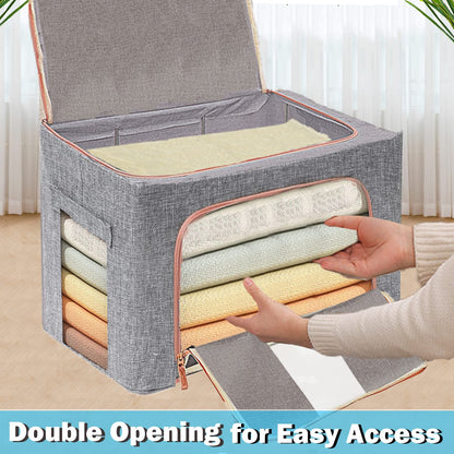 SWEERI Extra Large Clothes Storage Bins with Metal Frame, Foldable Organizer for Home Organization, 2-Way Zipper, Clear Window Storage Bags for Clothes, Bedding, Seasonal Storage, 100L x 3Pack