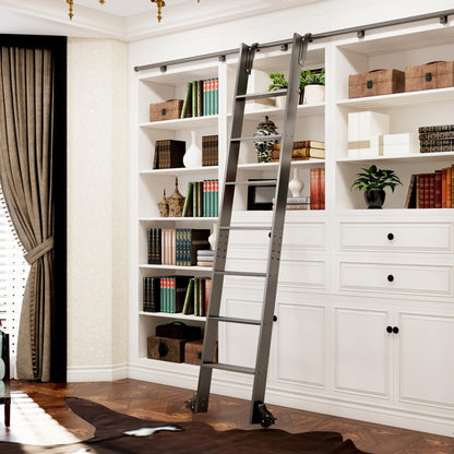 DIYHD 87" Sliding Library Ladder, Telescopic Top Hook, Lightweight Rolling Ladder with Upright Space-Saving Storage, Kit with 4FT Sliding Rail, Bottom Rollers, 300lbs Capacity, Black