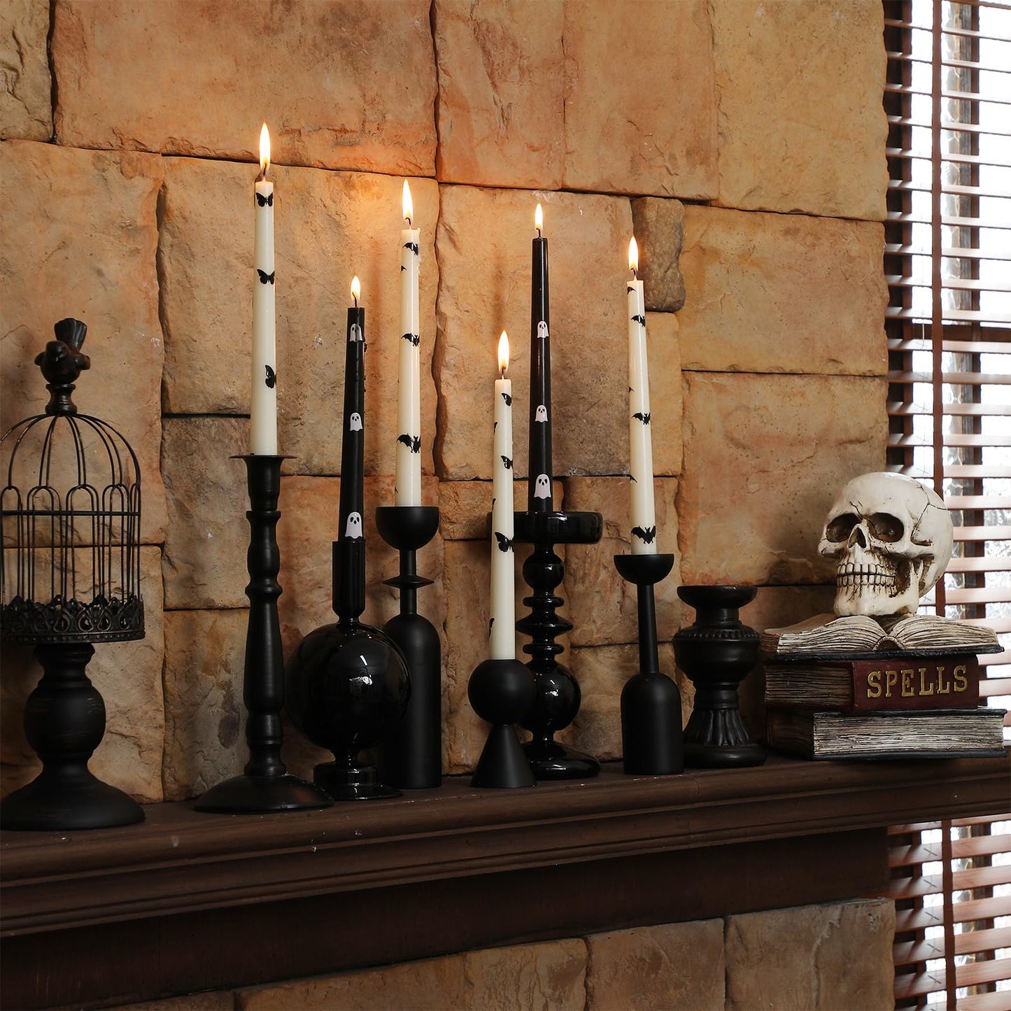 Conelist 6 Pcs Taper Candles 10 Inch Candle Sticks for Bachelorette Bridal Wedding Party Baby Shower Table Cake Decor(Butterfly Bat and Ghost,10 Inch,Black and White)