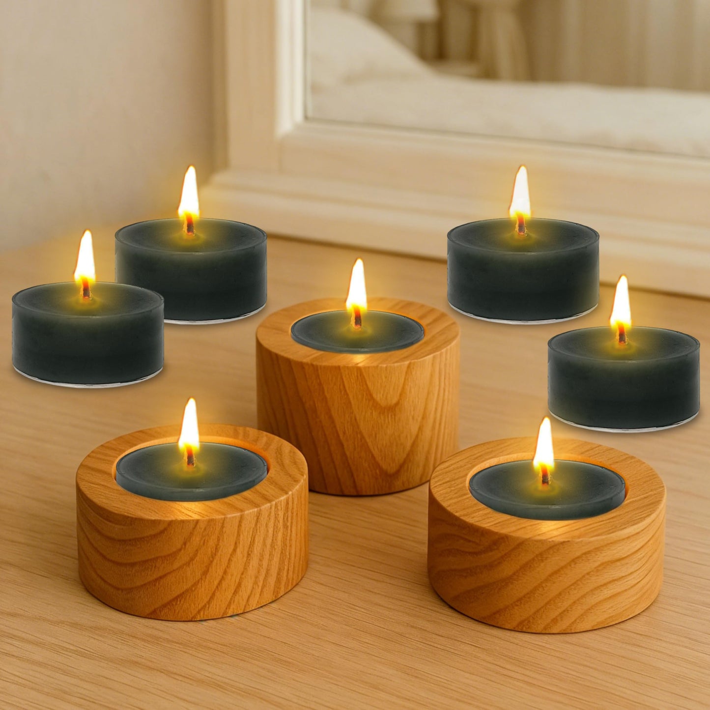 Sandalwood Scented Tea Light Candles 24 Pack Black Hand Poured Smokeless 4 Hours Clean Burning Small Round Clear Cups Tealight Candles for Romantic Dinners Wedding Centerpieces Cozy Evenings