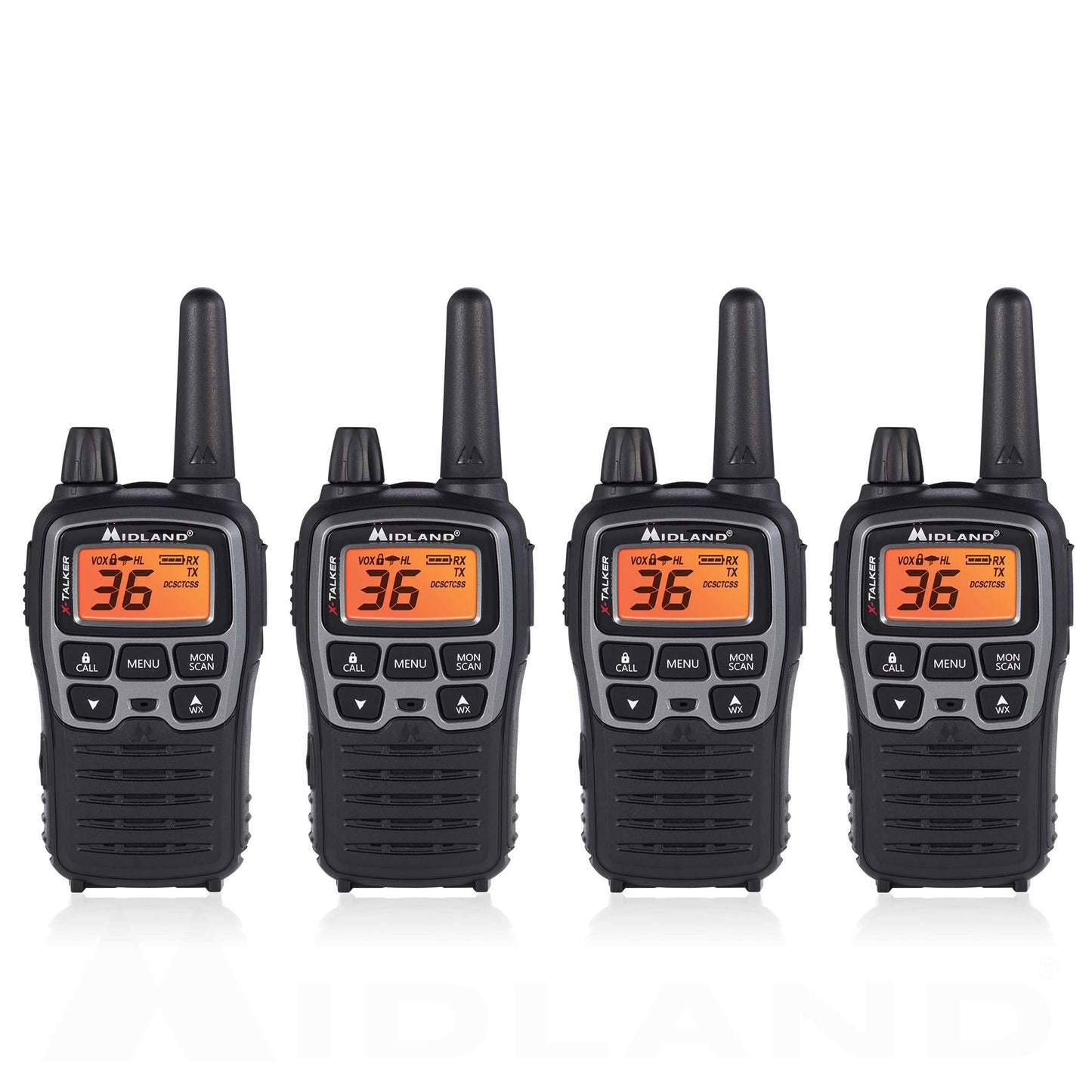 Midland T71VP3 36 Channel FRS Two-Way Radio - Up to 38 Mile Range Walkie Talkie - Black/Silver (Pack of 4), 6.2" x 1.3" x 2.3", Model Number: T71X4VP3