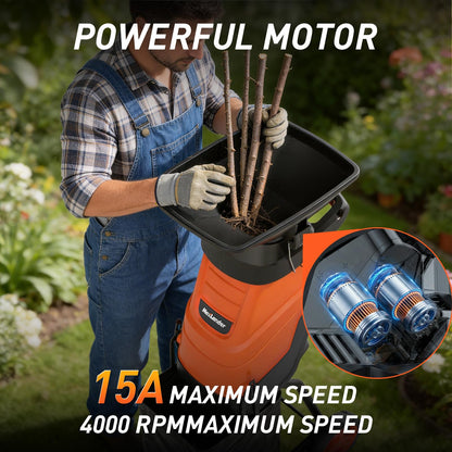 MAXLANDER 15-Amp Electric Wood Chipper Shredder, 1.75-Inch Cutting Capacity, Yard Waste Mulcher for Composting Branches & Twigs, Corded Chipper with Collection Bag