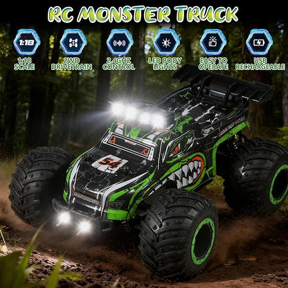 Remote Control Monster Truck for Kids: Off-Road RC Car with Headlights &amp Body Lights 1:18 20 km/h 2WD 2.4 GHz All-Terrain Rechargeable High-Speed - Birthday for Boys Ages 4-12