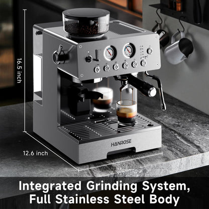 HANROSE Espresso Machine with Grinder, 20Bar Espresso Machine Stainless Steel, Coffee Machine with Milk Frother for Latte/Cappuccino, Adjustable Temperature, Independent Hot Water & Americano Function