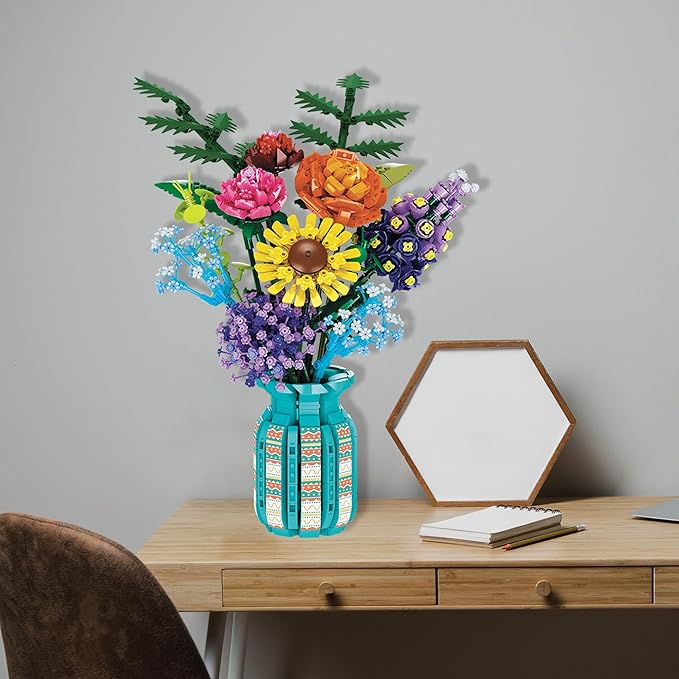 Flowers Bouquet Toys Building Blocks Set with Vase Roses Sunflower Hyacinth Hydrangea Artificial Plants for Adults Teen Girls Home Office Decor- 1853pcs