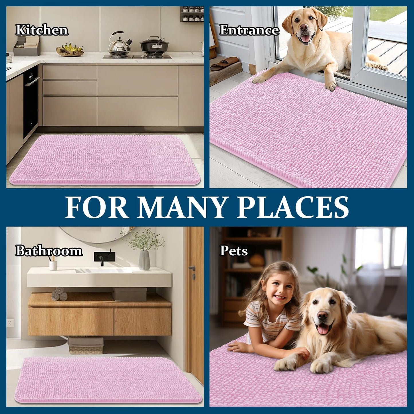 OLANLY Dog Door Mat - Absorbent Non-Slip Washable Doormat for Muddy Paws | 50x30 Pink Chenille Mat