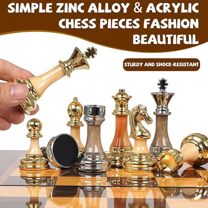 Luxury Large Metal &amp Acrylic Chess Set with Wooden Chess Board (17”) – Weighted Chess Pieces with 3.5” King Foldable Tournament Chess Set for Adults and Kids Professional Chess Game Set