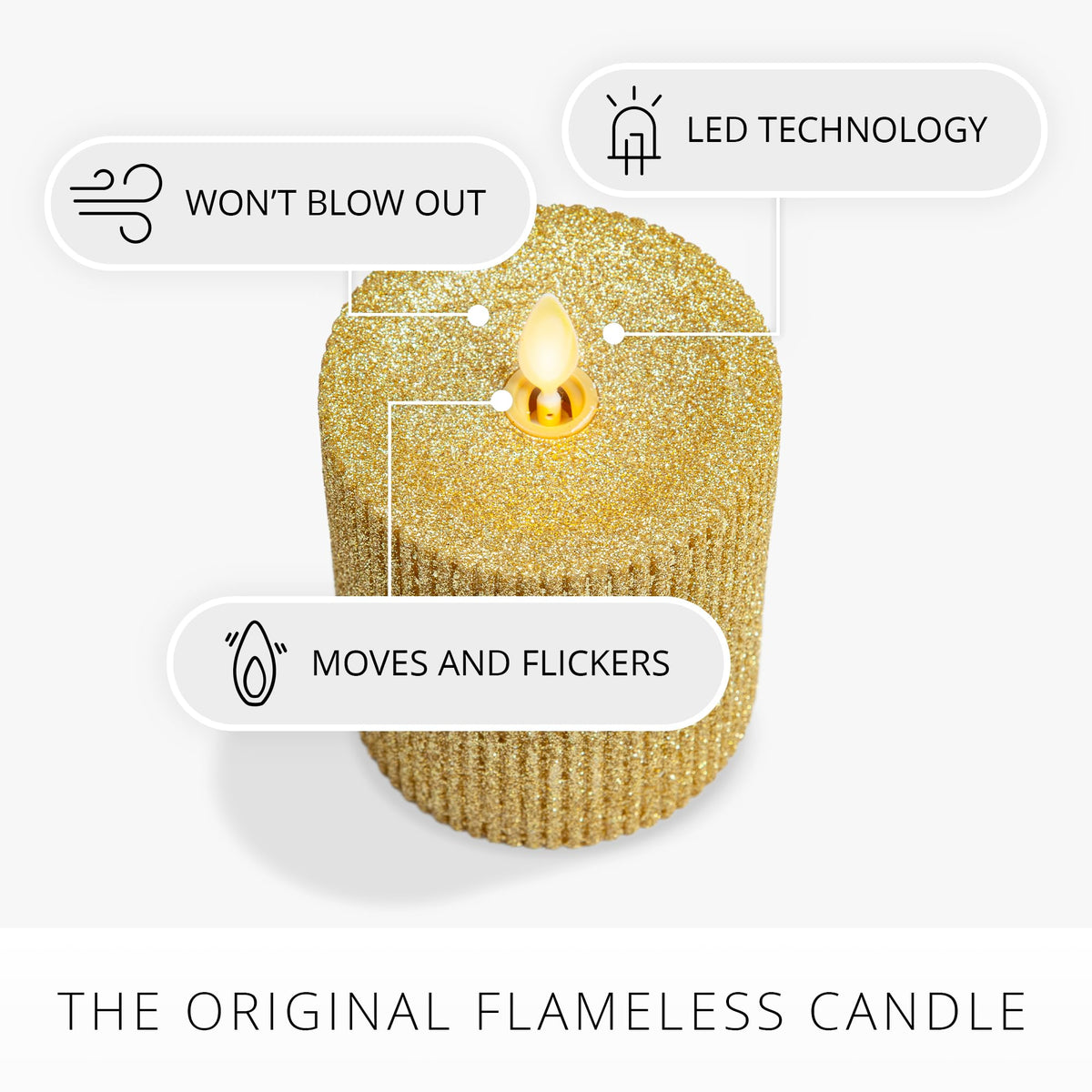 Luminara Rich Gold Glitter Ribbed Flameless LED Candle Moving Flame Pillar, Real Wax, Flat Top, Timer (3.25" x 4.5")