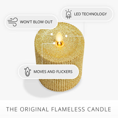 Luminara Rich Gold Glitter Ribbed Flameless LED Candle Moving Flame Pillar, Real Wax, Flat Top, Timer (3.25" x 4.5")