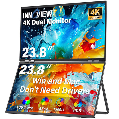 InnoView Dual Portable Monitor 23.8" 3840x2160P 4K 100% sRGB 315°Adjustable Dual Stacked Foldable Monitor Built-in Speakers Screen Extender with HDMI/USB-C/DP for Laptop Windows Mac