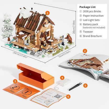 FUNWHOLE Hunting-Cabin Lighting Building-Bricks Set - Retro Wooden Cabin LED Light Construction Building Model Set 2036 Pcs for Adults and Teen