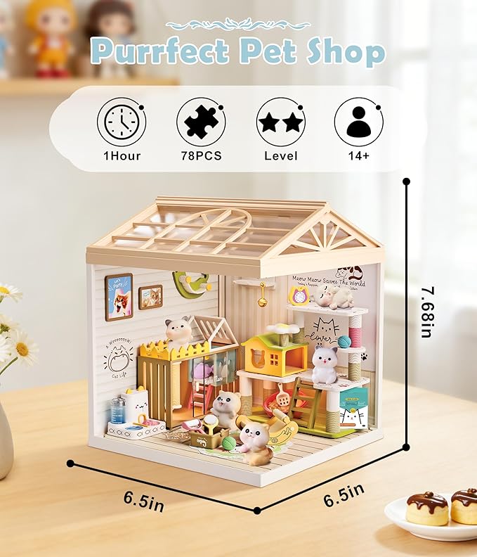 DIY Miniature Cat Pet Shop Dollhouse Kit with Dustproof Cover &amp Roof - Purrfect Tiny Animal Shelter Room with Led Lights - Creative Craft Set for Ages 14+