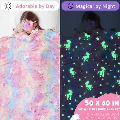 SRIZIAN Unicorn Gift Set for Girl Age 3,4,5,6,7,8,9,10,11,12, Birthday Gifts for Girls, Thanksgiving Day Gifts for Kids,Christmas Gfits Glow in Dark Unicorn Blanket Gift Set