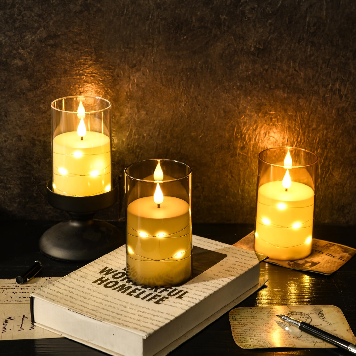 Guluto Flameless LED Candles, Non-breakable Battery Operated Candles with Embedded Star String, D 3"×H 5", Set of 2, Flickering Pillar Candle with Remote and Timer for Birthday Home Decoration (Gold)
