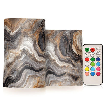 ZRYSMY Abstract Brown Gray Marble Flameless LED Candles with Remote - Set of 2, 3 Inch Battery-Operated Flickering Pillar Candles with Timer, No Batteries Included