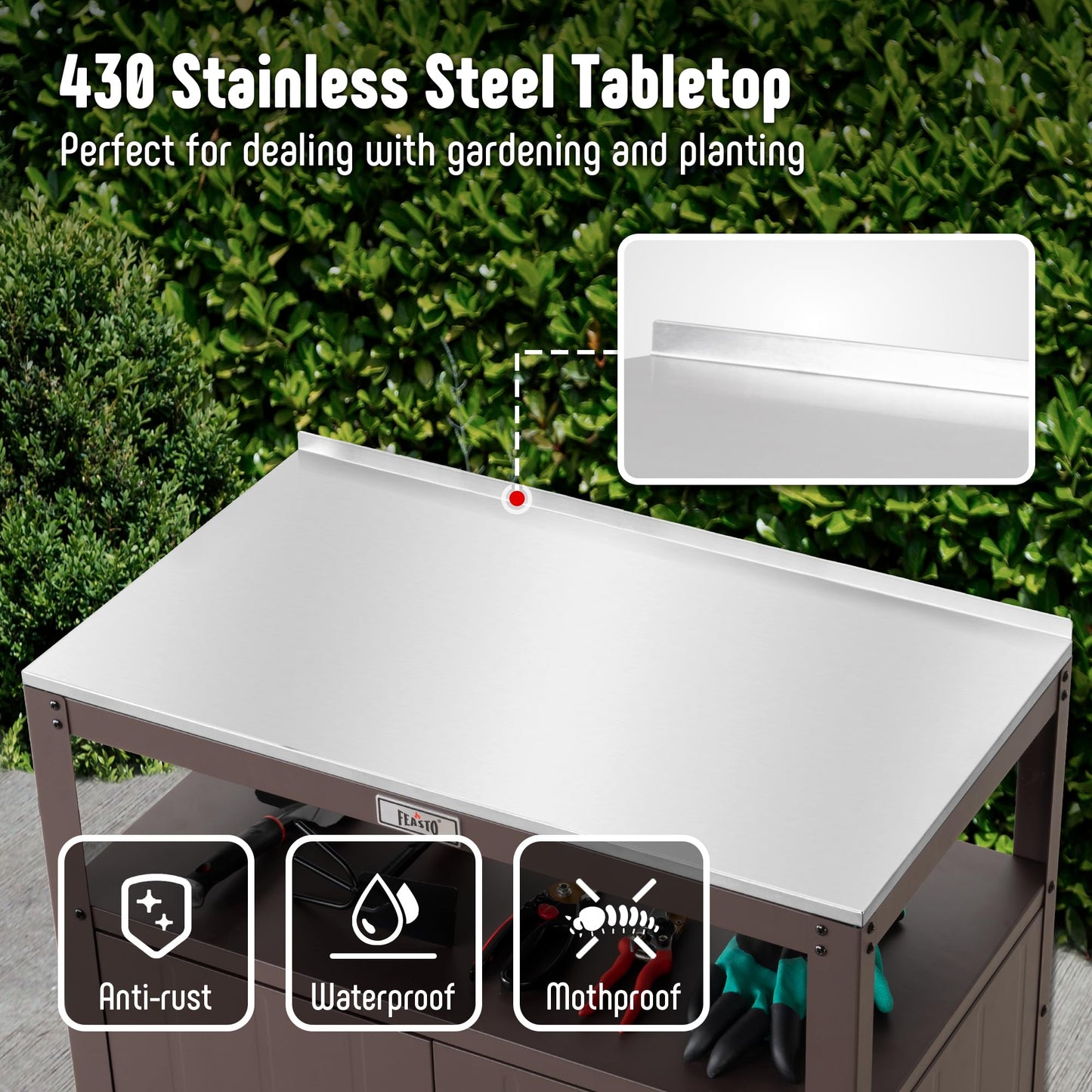 Feasto Outdoor Potting Bench with Storage, Stainless Steel Tabletop Garden Work Bench with Storage Cabinet & Removable Inner Shelf for Patio Lawn Outdoor Gardening
