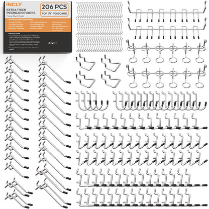 INCLY 1/4" Pegboard Hooks Set for Hanging Tools, 206PCS Heavy Duty Peg Hook Hanger & Holder Only Fit 1/4 Inch Pegboard for Craft Assortment Garage Organizer Bins Attachment Peg Board Accessories
