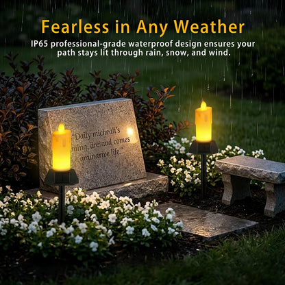 Weddinay Solar Flameless Candles Outdoor Waterproof, Patented Dual-LED Flickering Flame 7" Dripping Wax Pillar with Detachable Stake, 3-Sided Solar Base for Patio, Cemetery (2 Pack)