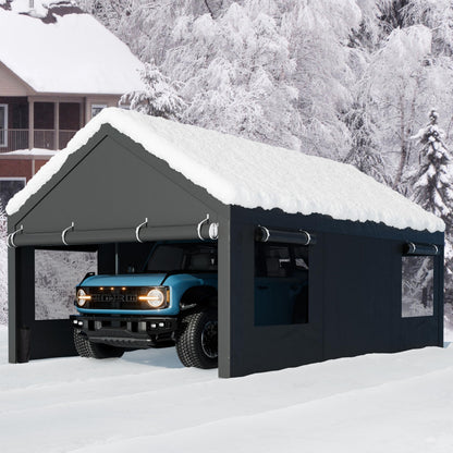 Nuturelly 10x20 FT Carport, Heavy Duty Carport Canopy with Roll-up Windows, Portable Garage with Removable Sidewalls & Doors, Car Canopy with All-Season PE Tarp for Car, Truck, Boat, Gray