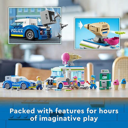 LEGO City Ice Cream Truck Police Chase Van 60314 Toy for Kids Girls and Boys Age 5 Plus Years Old with Splat Launcher &amp City Police Car