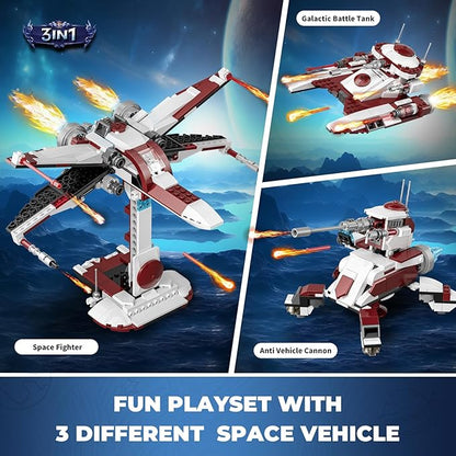 3 in 1 Space Vehicle Building Set - Buildable Space Fighter Galactic Battle Tank Anti Vehicle Cannon Compatible with Lego Great Birthday Gift Toy for Star Fans Kids Boys Girls Ages 6+
