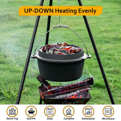 Velaze 10QT Camping Dutch Oven, Pre-Seasoned Cast Iron Camp Dutch Oven Pot with Lid, for Use in the Oven, on the Stove, Grill, or over the Campfire - Metal Handle, Lid Lifter, and Stand Support