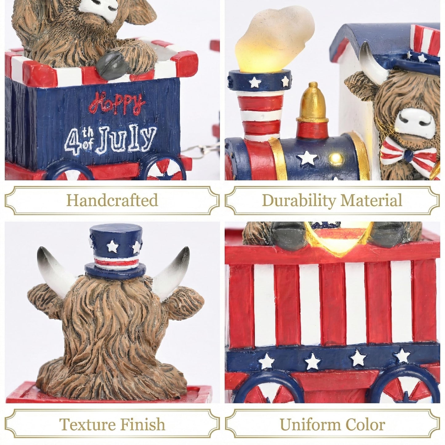Valery Madelyn 4th of July Highland Cow Train Decorations Lighted LED Memorial Day Decor for Home, High Mountain Yak Train Figurines Red White and Blue Decorations, Patriotic USA 250th Anniversary