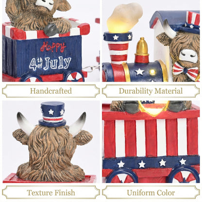 Valery Madelyn 4th of July Highland Cow Train Decorations Lighted LED Memorial Day Decor for Home, High Mountain Yak Train Figurines Red White and Blue Decorations, Patriotic USA 250th Anniversary