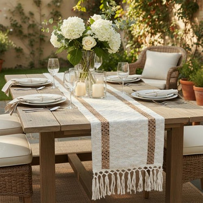 FEXIA Boho Table Runner for Hoilday Home Decor with Tassels 72 Inches Long Farmhouse Rustic Macrame Burlap Pottery barn Furniture Table Decoration for Living Room Kitchen (12x72 Inches)
