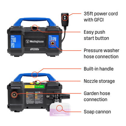 Westinghouse ePX3100v Electric Pressure Washer, 2100 Max PSI 1.76 Max GPM, Built-in Carry Handle, Detachable Foam Cannon, Pro-Style Steel Wand, 3-Nozzle Set, for Cars/Fences/Driveways/Home/Patios