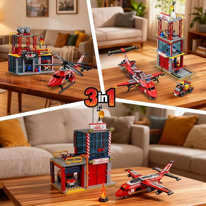 3 in 1 City Fire Rescue Plane Building Sets Compatible with Lego Fire Station Helicopter Fire Truck Airplane Building Blocks Kits for Boys Girls for Adults Teens 14+ (823 PCS)