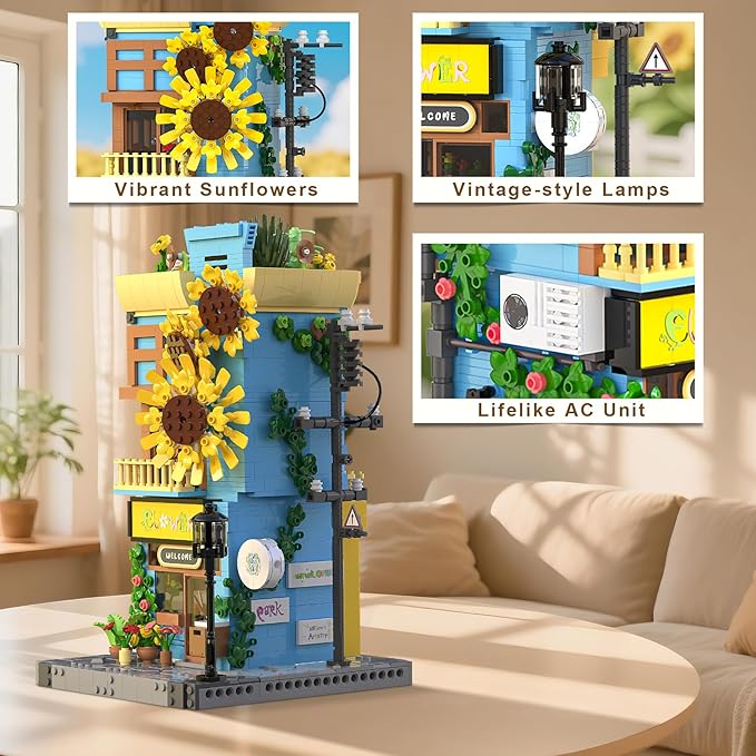 Sunflower House Building Set with LED Light 3-Story Japanese Street View House Blocks 1580PCS Creator Architecture Model Building Kit Home Office Decor Gift for Adults