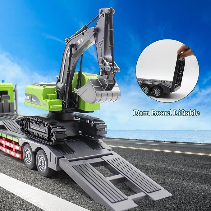 Fistone RC Semi-Trailer Truck &amp Excavator Toy Set 1:12 Scale with Sound and Lights 2.4Ghz Remote Control Flatbed Truck and Excavator Toys for Boys 6-12 Years Old