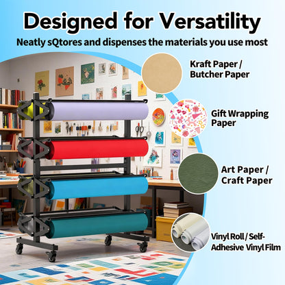 Paper Roll Holder 8-Rack Mobile Large Paper Roll Dispenser for 36 Inch Kraft, Gift Wrap, Art Paper & Vinyl Rolls, Heavy-Duty with Locking Casters for Classroom & Studio Use
