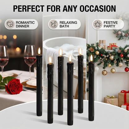Eywamage Black Dripping Wax Flameless Taper Candles with Remote, Flickering LED Wax Candlesticks Battery Operated Set of 6