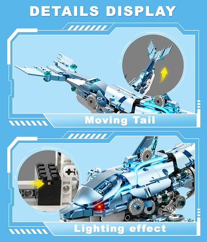 Moving Mechanical Dolphin Building Set - Hand Crank Model Kit with Swimming Tail Movable Jaw &amp Glowing Lights | STEM Educational Toy &amp Unique Desk Decor for Ages 8+ Adults Blue