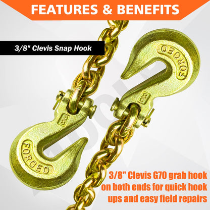 YATOINTO G80 Transport Binder Chain 3/8 Inch x 25 Foot Safety/Binder Chain with Clevis Grab Hooks 7,100 lbs Safe Working Load Logging Chain for Transporting Towing Tie Down Binding Equipment