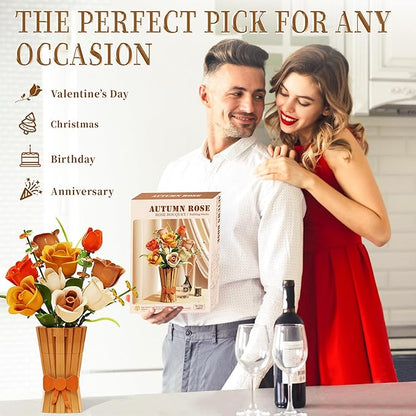 Flowers Set with Vase for Adults Compatible with Lego Flowers Icon Roses Bouquet Botanical Collection Kits Artificial Flower Set Valentines Day Gifts for Her Him Kids 14+ Home Office Decorations