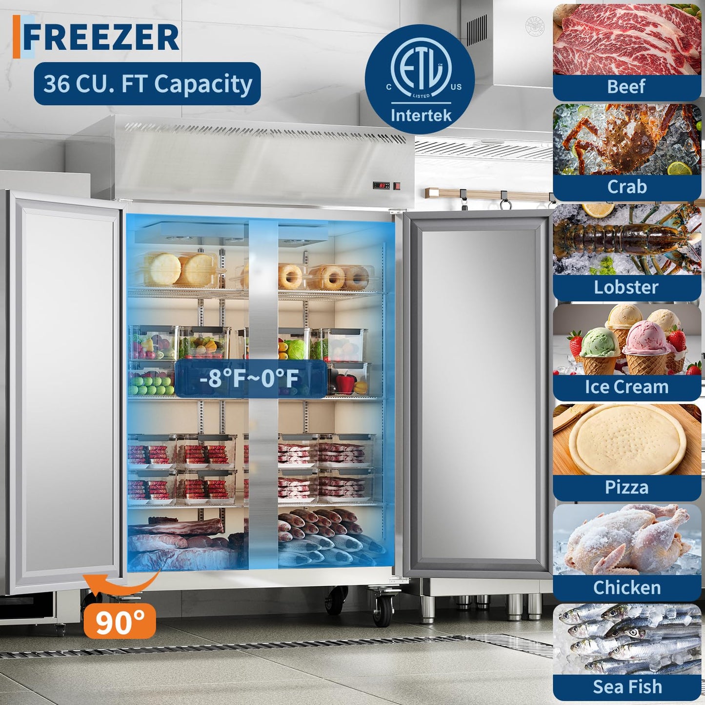 48 Inch Wide Commercial Freezer Upright, 36 Cu.Ft Frost Free Upright Freezers Stand Up, 2 Door 2 Section Walk-In Freezer with 6 Adjustable Shelves, for Supermarket, Restaurant, Kitchen, Shop, Garage