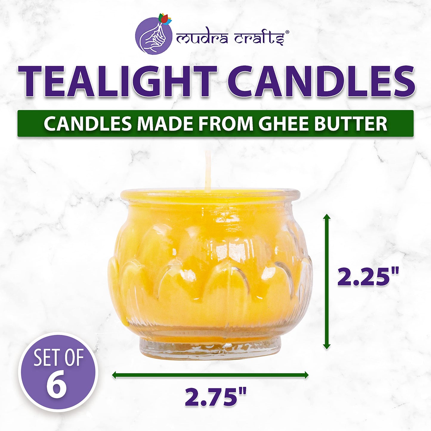 Mudra Crafts Tibetan Tealight Vanaspati Ghee Butter Lamp Candle Set for Meditation, Ceremonies, Rituals, Altars, Diwali (Lotus Glass Jar)