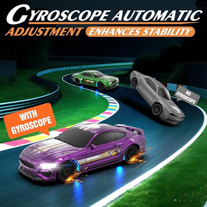 RC Drift Car 1/43 Scale Mini RC Drift Cars with Gyro 4WD Full Proporitonal High Speed Remote Control Car with LED Lights and Drifting Tire Hobby Racing Cars for Kids Boys Girls Purple