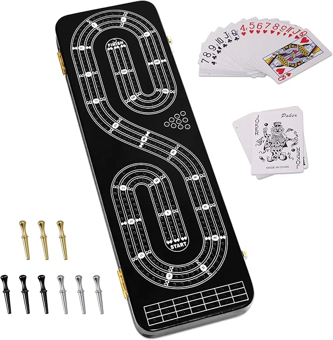 Cribbage Board Game Set 3 Tracks 2 Storage Area with 9 Metal Pegs2 Decks of Playing Cards and Instruction Wooden Travel Portable Cribbage Game Sets