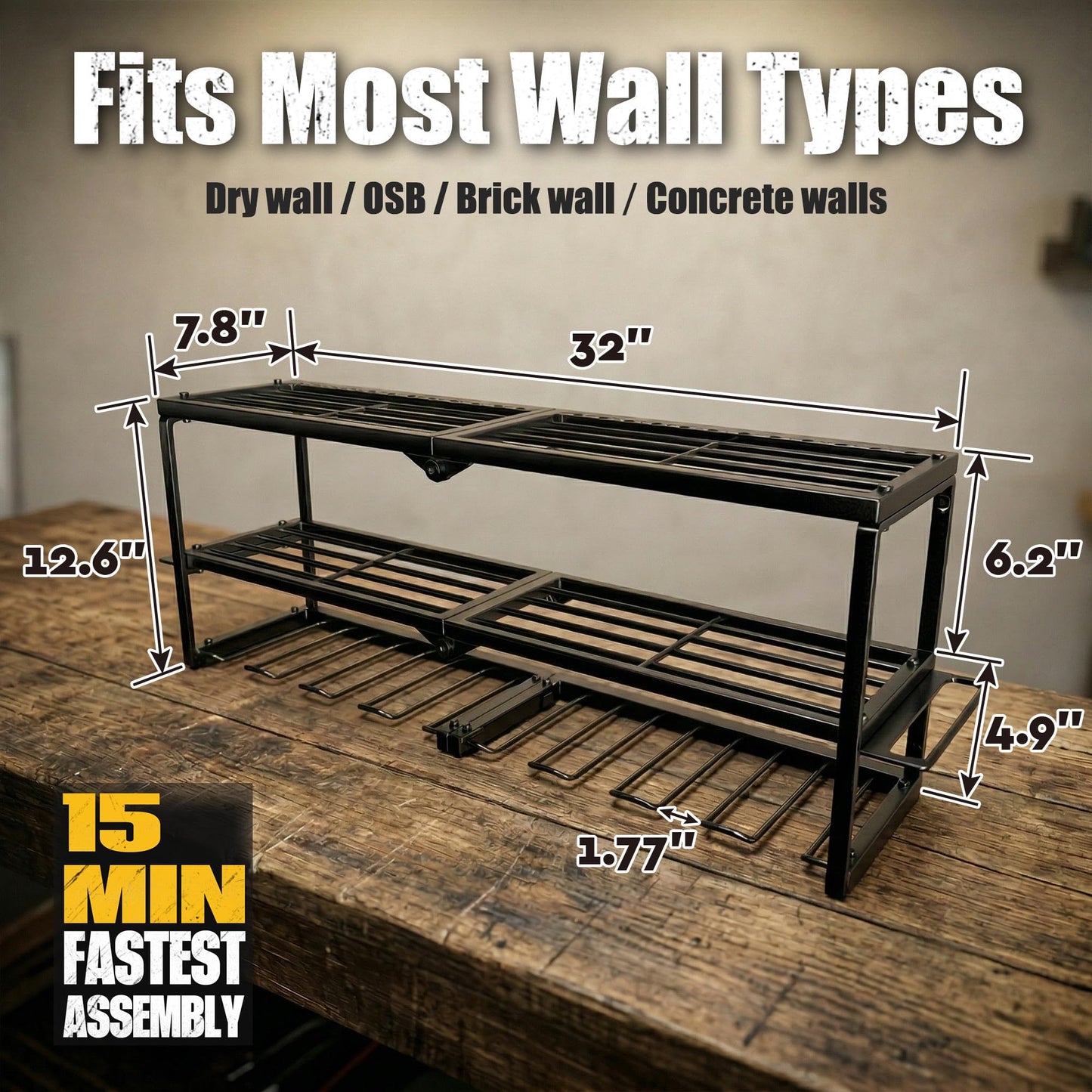 Amoowis Heavy Duty Power Tool Organizer for Wall Mount Garage Storage – 320 lbs Capacity, 3-Tier Iron Wire Rack with 8 Drill Slots, Shelf for Battery Charging Station – Gift for Fathers Day Handyman