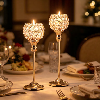 VINCIGANT Gold Crystal Candle Holders Set of 2,Pillar Candlesticks for Table Centerpieces, Valentine's Day Home Decor Wedding Party Housewarming Gift