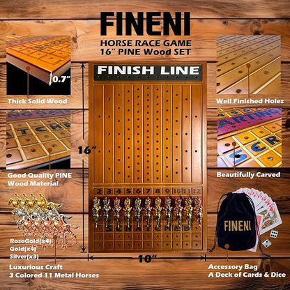 Horse Racing Game for Adults - 11 Luxurious Metal Horses (Silver Black Rose Gold) 16 Dark Pine Wood Race Board Dice &amp Card Included (Dark Color)
